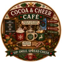 Cocoa and Cheer Cafe emblem - free hot chocolate, coffee and cider served all day at the Build for Joy bike build