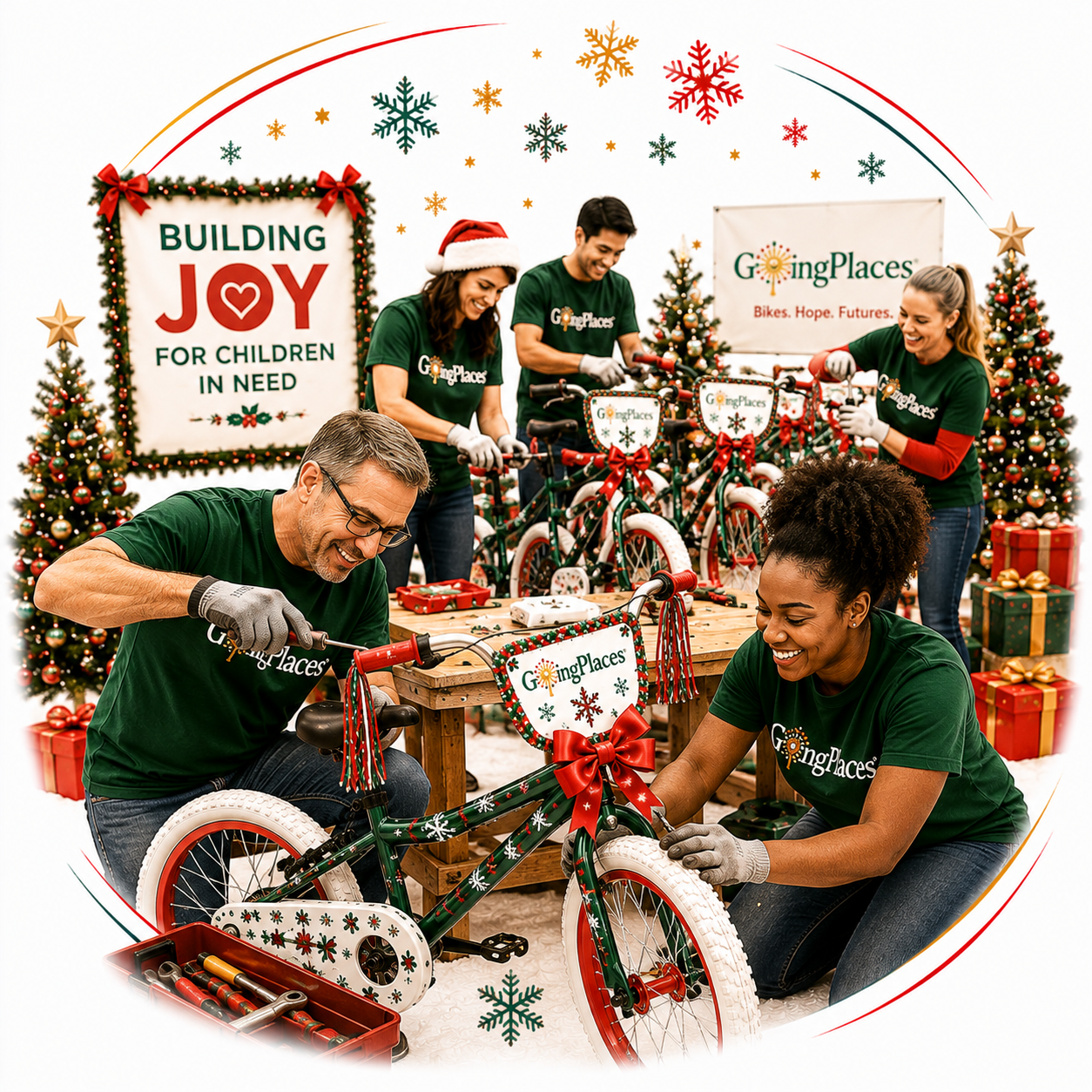 A team from a Charleston business building bikes together at the Build for Joy bike build