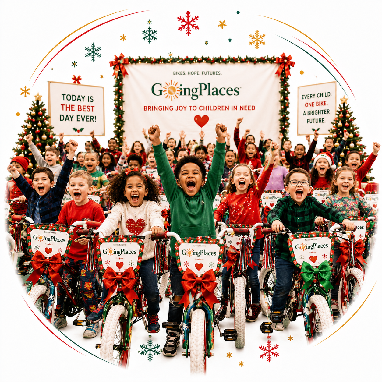 Children cheering as the cover comes off a room full of bikes at a school reveal