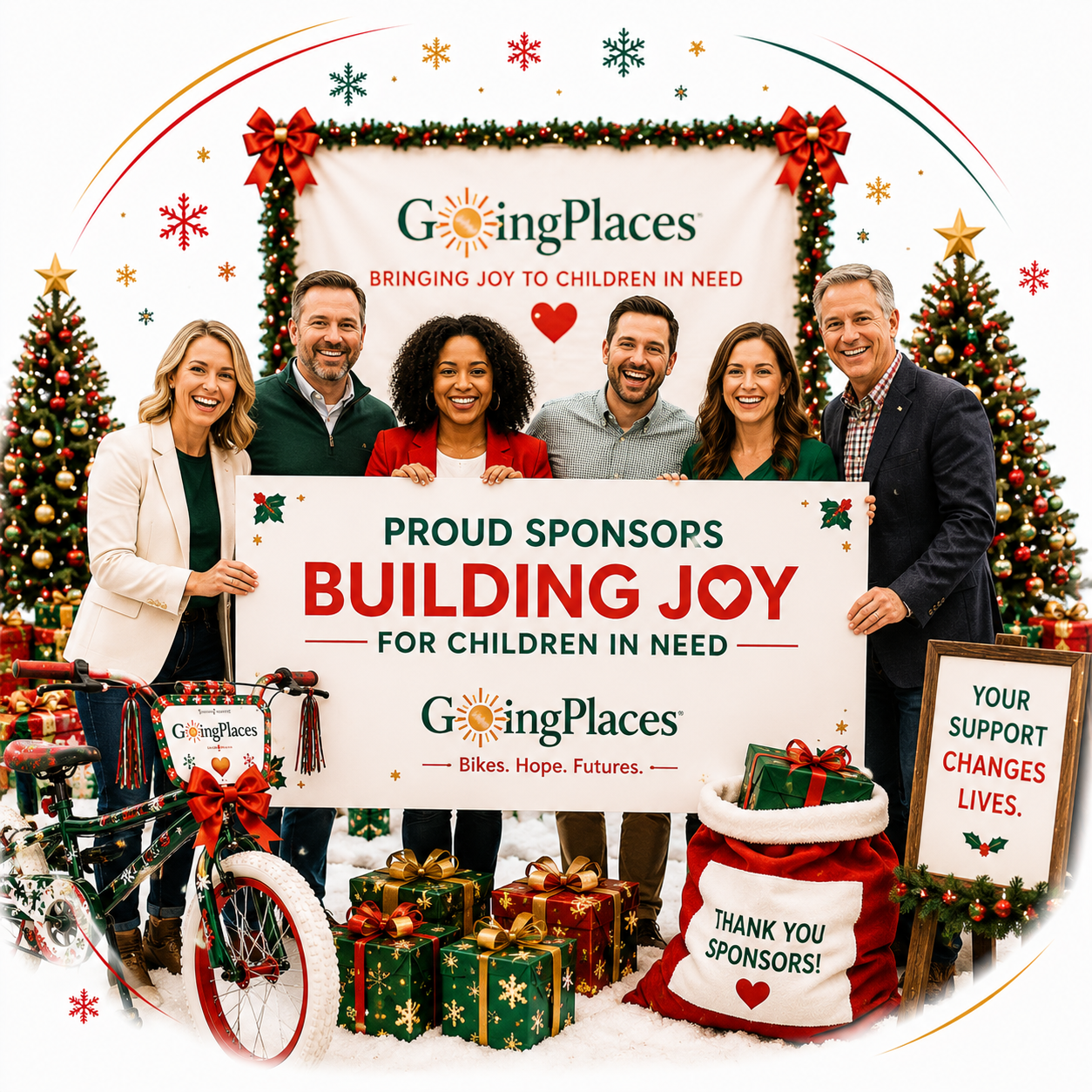 Teams from Charleston businesses building bikes on the Build for Joy floor