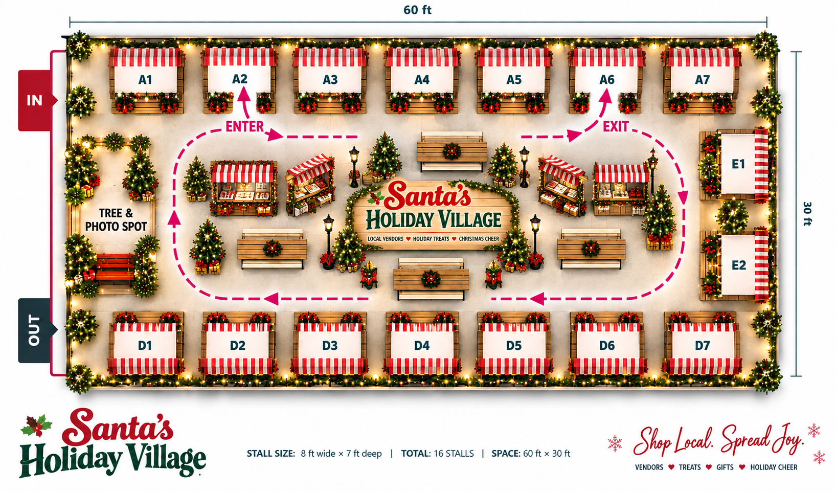 Santa's Holiday Village floor plan showing numbered vendor stalls, the entrance, the exit and the photo spot