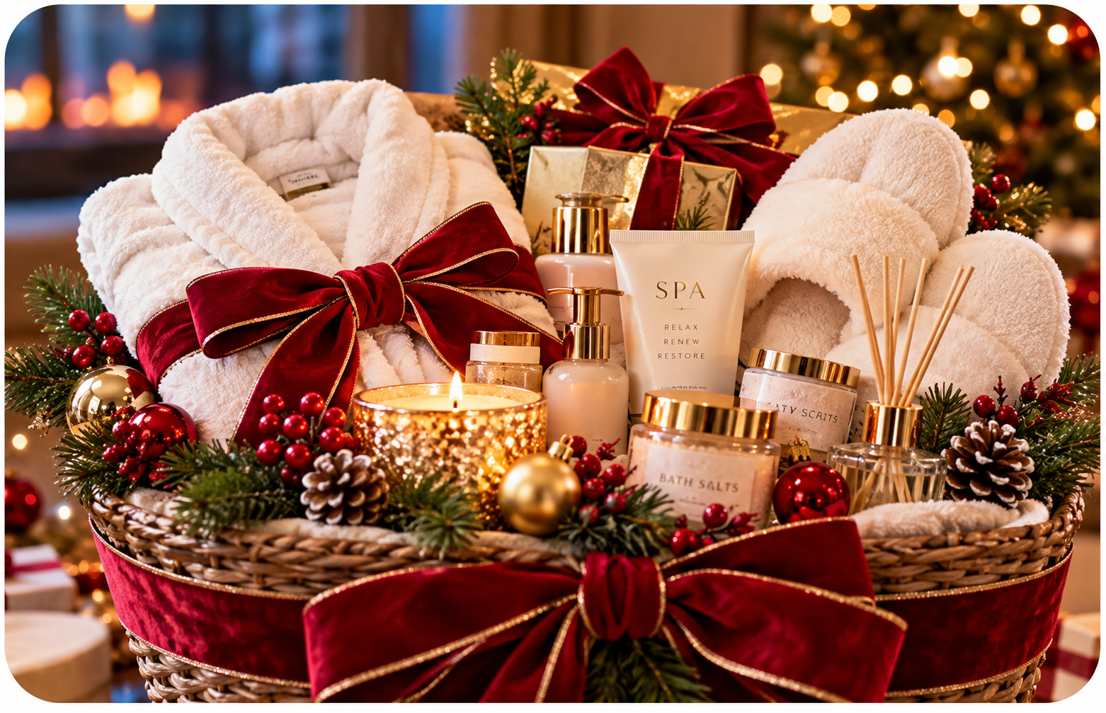 A Christmas spa hamper donated to the Wonderland Auction - robe, slippers, bath salts, candle and diffuser in a basket tied with red velvet ribbon