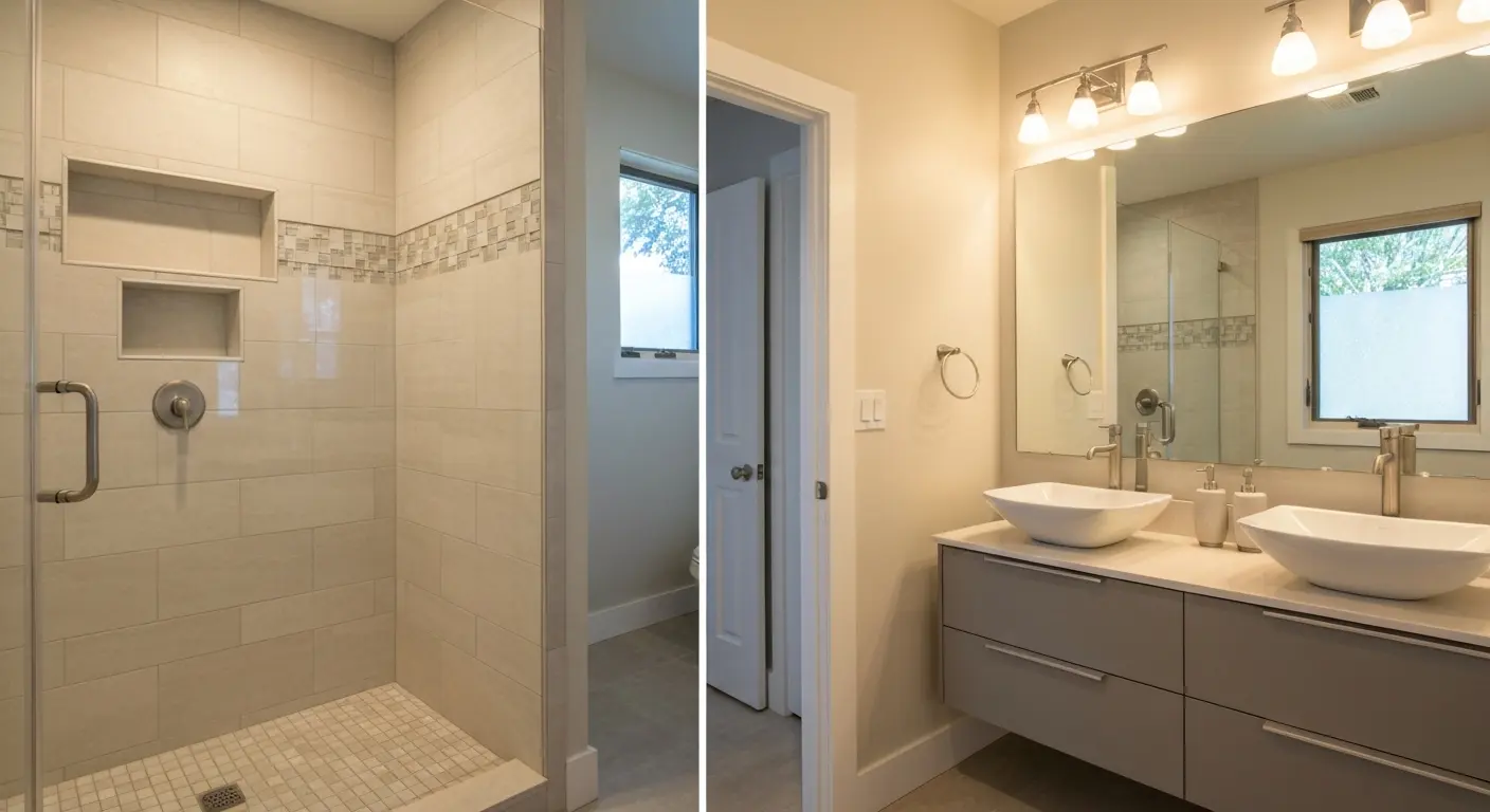 Bathroom with custom tile shower and modern vanity