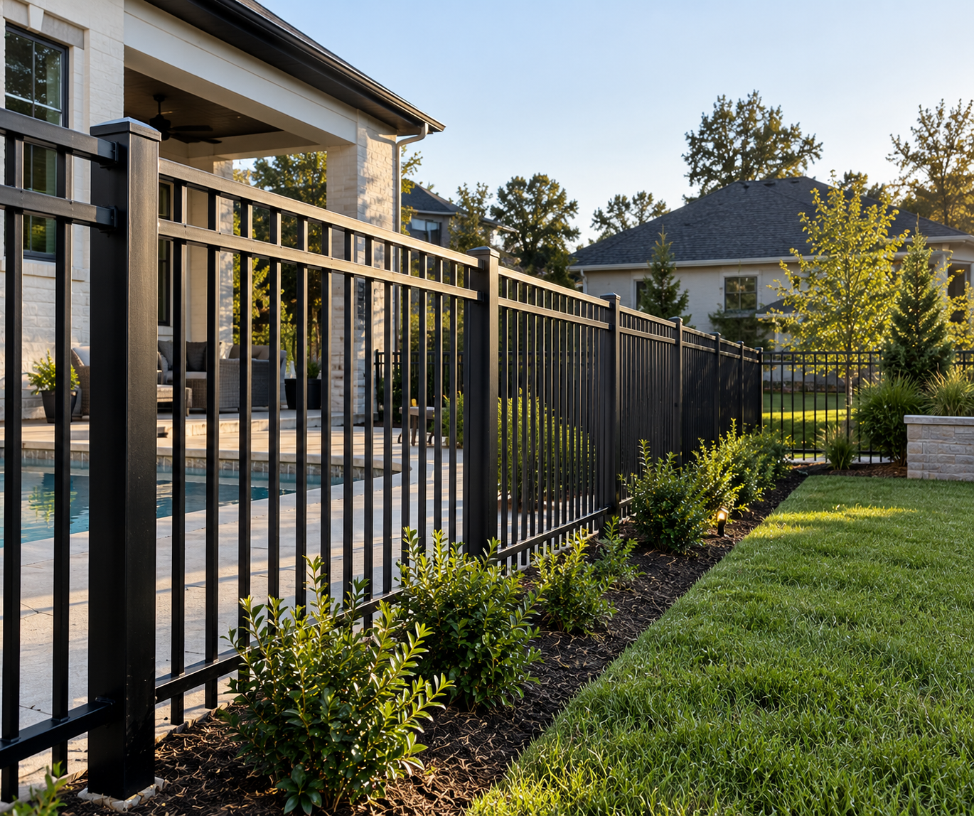 Black aluminum ornamental fence beside a pool
