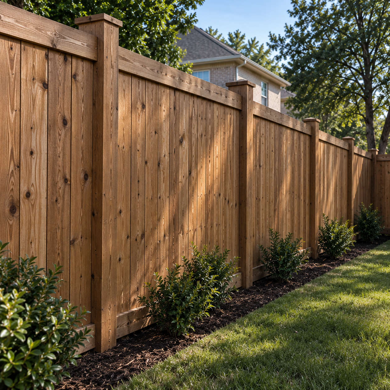 Cedar wood privacy fence along a backyard