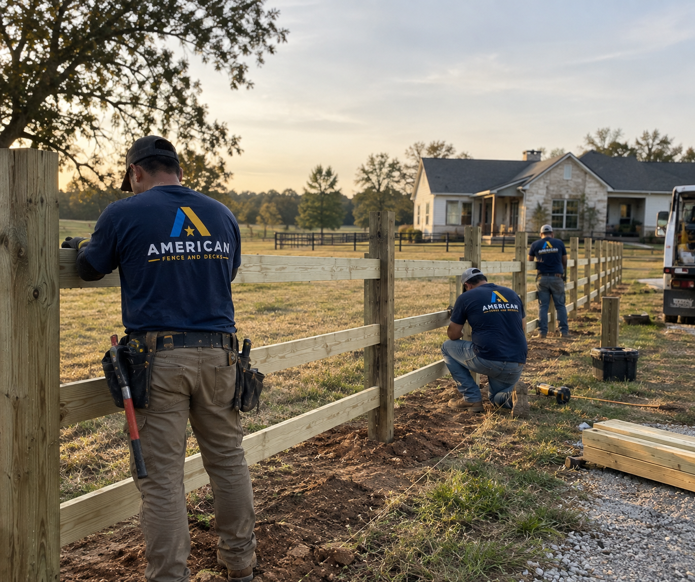 Crew installing a three-rail farm fence across pasture at sunrise