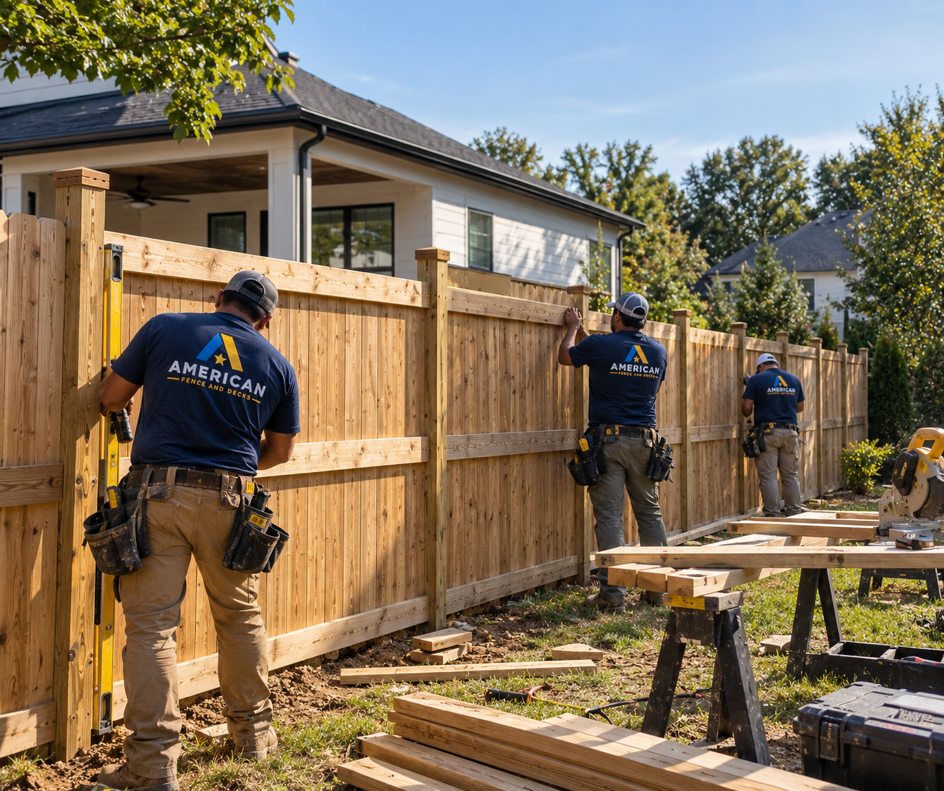 American Fence and Decks crew installing a wood privacy fence