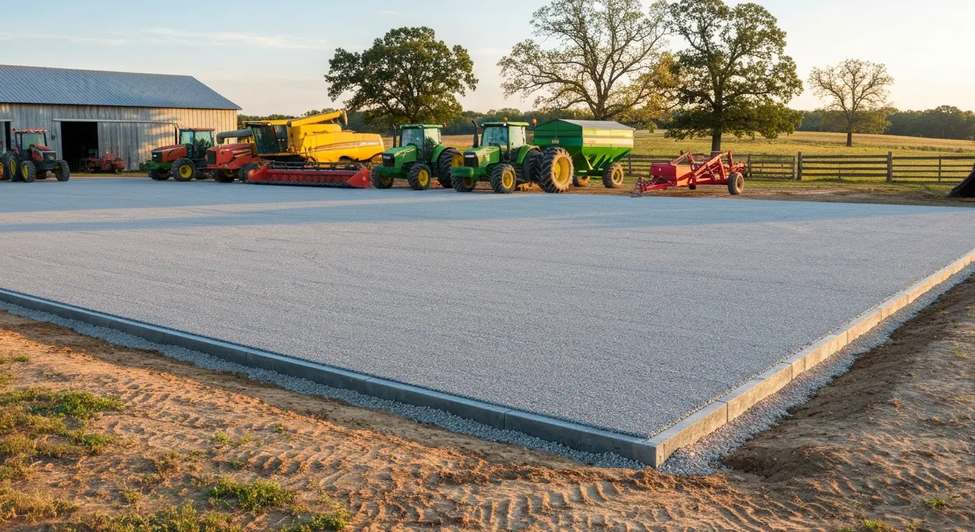 Farm equipment storage pad