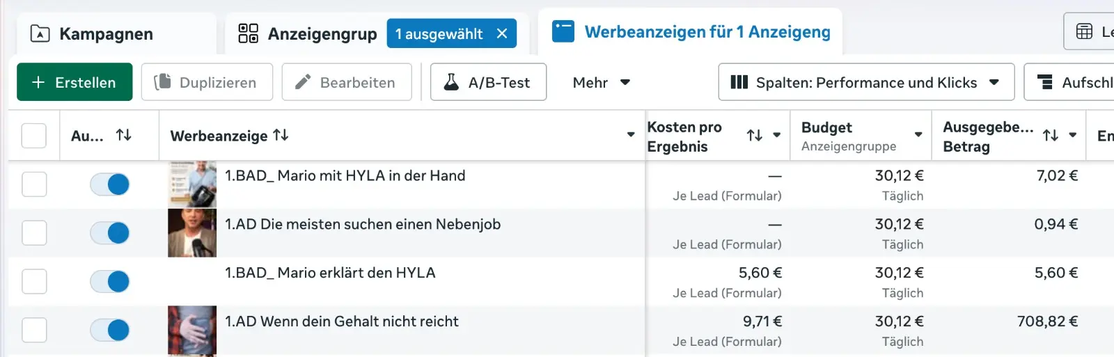 Werbekonto Ergebnis