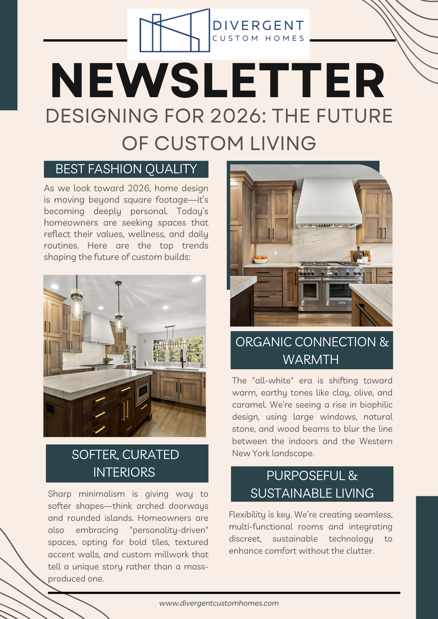 Divergent Custom Homes February 2026 newsletter cover featuring a luxury custom kitchen with wood cabinetry, marble countertops, and a professional-grade range. Includes the headline "Built For What’s Next" and contact information for custom home builders in Parker, Colorado.