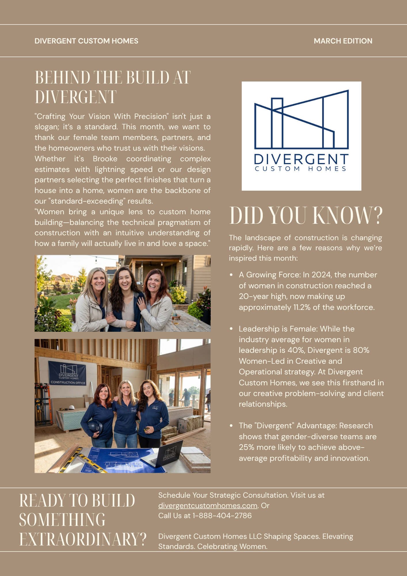 At Divergent Custom Homes, we’ve found that high-level precision requires a "divergent" perspective. Research shows gender-diverse teams are 25% more likely to achieve above-average profitability. For our clients, that translates to better problem-solving, tighter schedules, and more intuitive design.  Meet the women steering the ship this Women's History Month.