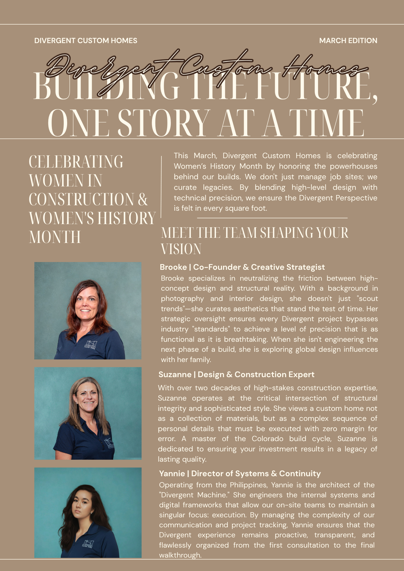 At Divergent Custom Homes, we’ve found that high-level precision requires a "divergent" perspective. Research shows gender-diverse teams are 25% more likely to achieve above-average profitability. For our clients, that translates to better problem-solving, tighter schedules, and more intuitive design.  Meet the women steering the ship this Women's History Month.