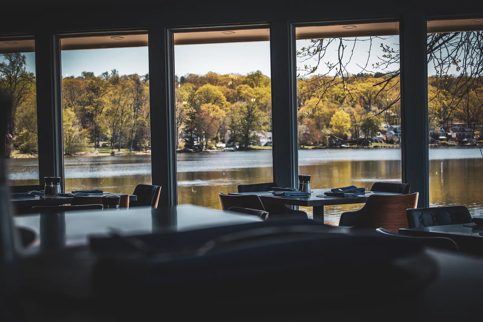 Dining room lake view at dusk