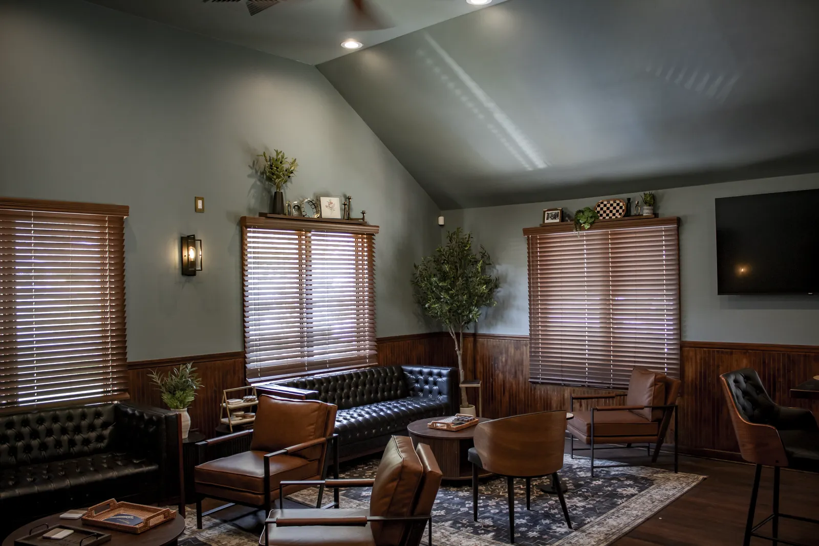 Lounge seating area with plants and TV