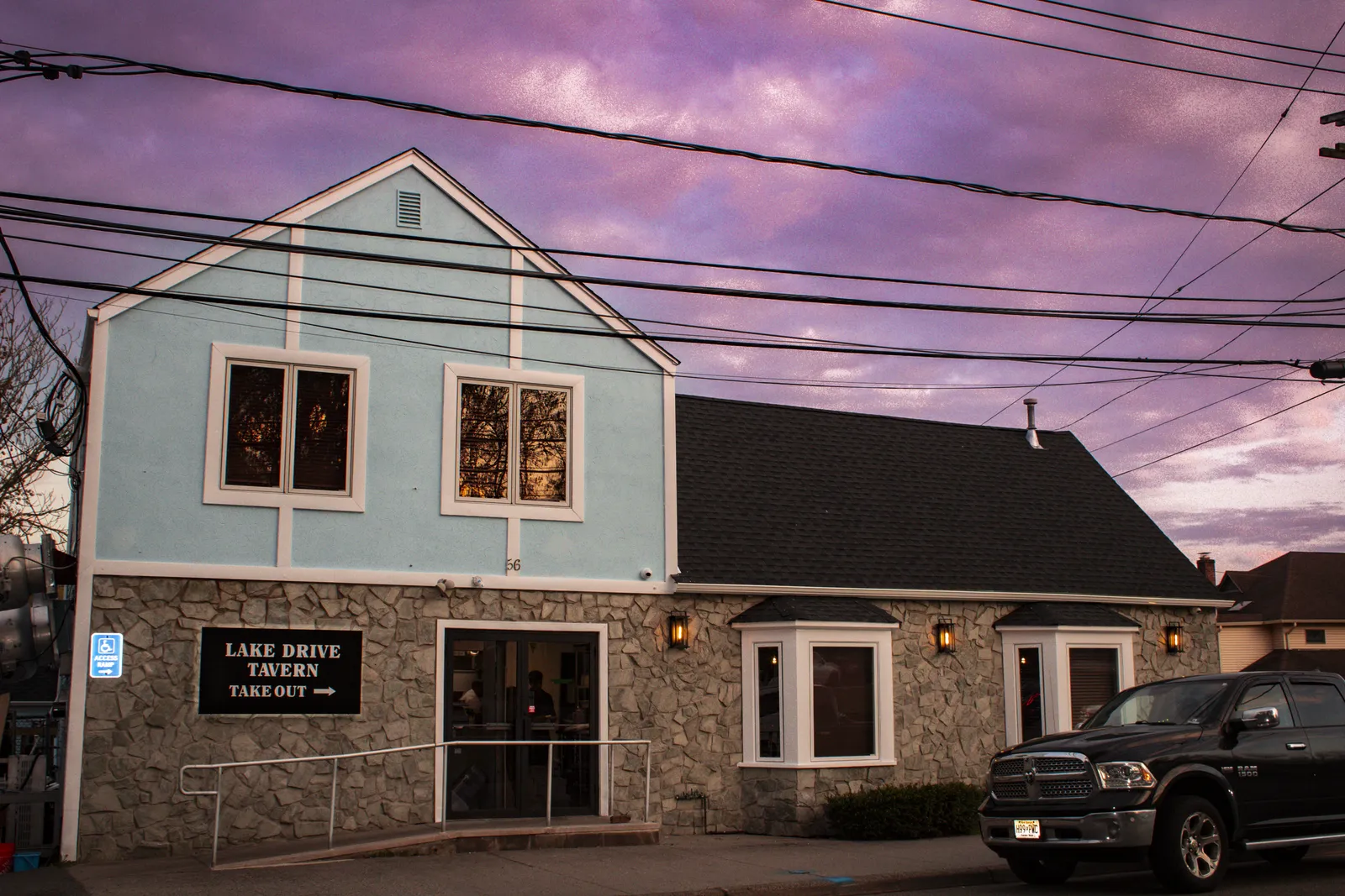 Lake Drive Tavern exterior at sunset
