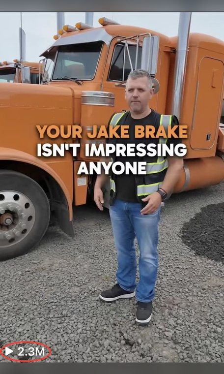 Client video thumbnail: a man in a safety vest stands beside an orange semi truck, captioned "Your jake brake isn't impressing anyone." View count circled: 2.3 million views.