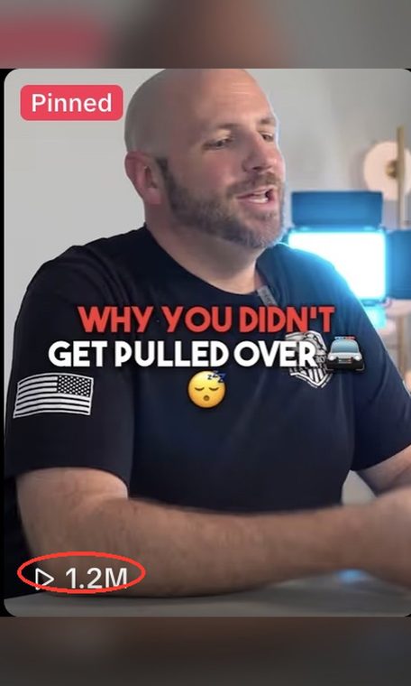 Client video thumbnail: a man in a black T-shirt at a desk, captioned "Why you didn't get pulled over." View count circled: 1.2 million views.