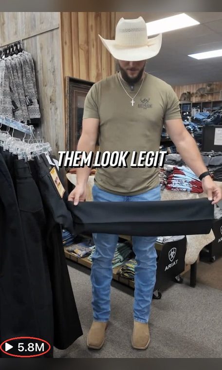 Client video thumbnail: a man in a cowboy hat holds up a pair of black jeans in a Western store, captioned "Them look legit." View count circled: 5.8 million views.