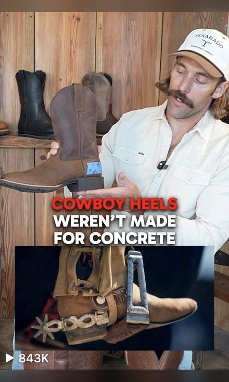 Texarado Boots video thumbnail: the founder holds a boot, captioned "Cowboy heels weren't made for concrete." 843 thousand views.