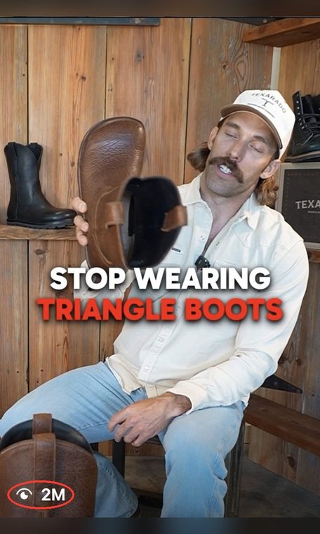 Texarado Boots video thumbnail: the founder holds up a boot, captioned "Stop wearing triangle boots." View count circled: 2 million views.