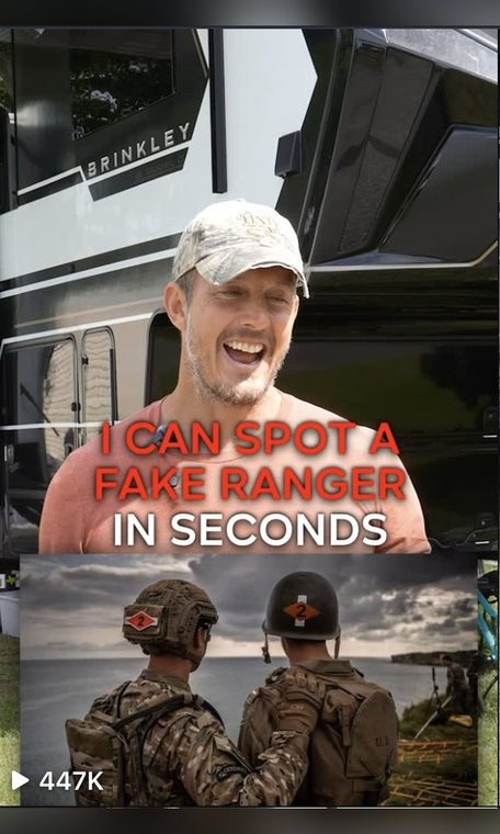 Client video thumbnail: a smiling man in a camo cap, captioned "I can spot a fake Ranger in seconds." 447 thousand views.