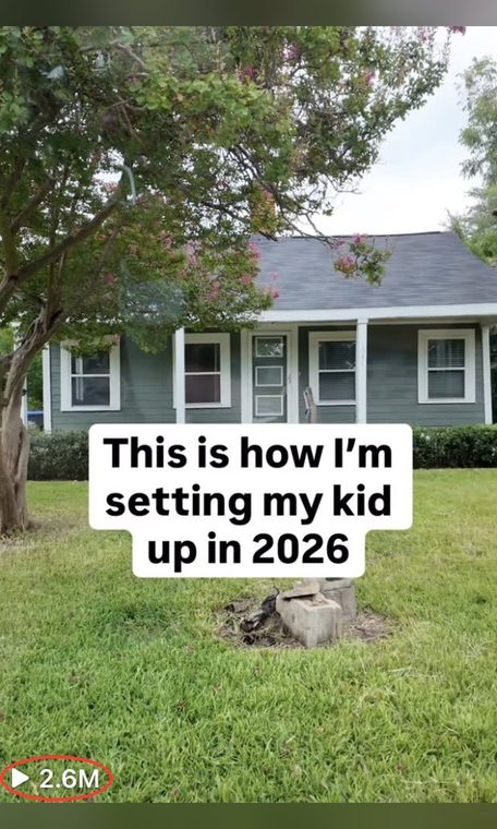Real estate client video thumbnail: a small house with the caption "This is how I'm setting my kid up in 2026." View count circled: 2.6 million views.