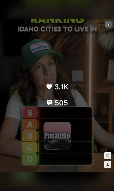 Desi Williams video thumbnail: ranking Idaho cities to live in on a tier list, with 3.1 thousand likes and 505 comments.