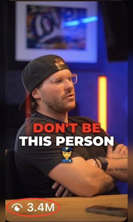 Client video thumbnail: a man in a backwards cap and glasses sits at a desk, captioned "Don't be this person." View count circled: 3.4 million views.
