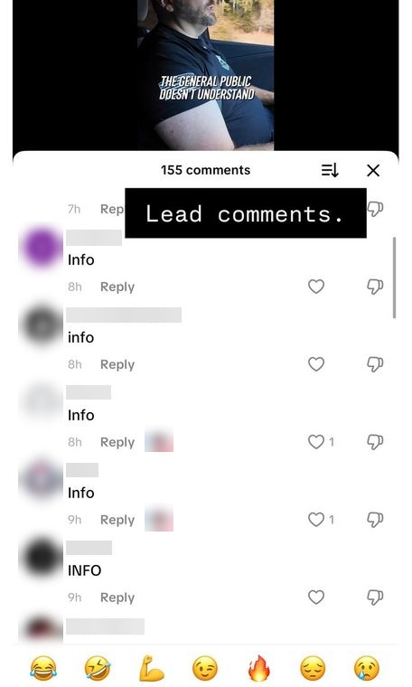 Comments on TikTok: a video with 155 comments, where five viewers commented "Info" to request the offer.