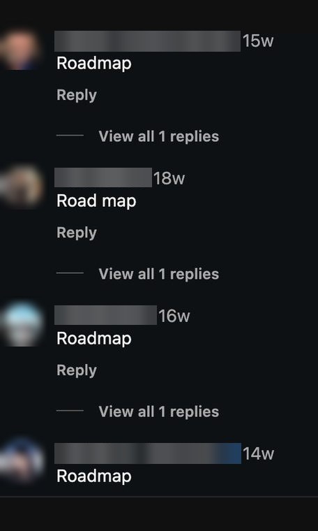 Comments on Instagram: four viewers each commented "Roadmap" to request the client's offer.