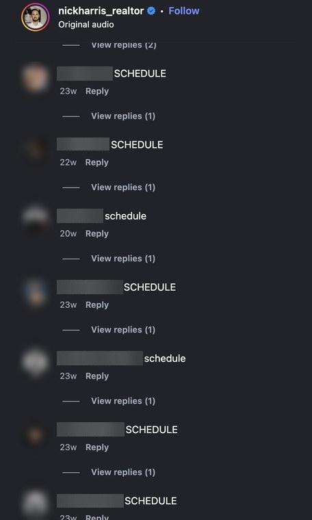 Comments on a realtor's Instagram video: seven viewers commented "Schedule" to book a call.