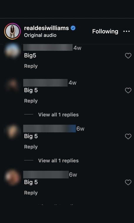 Comments on Desi Williams' Instagram video: four realtors commented "Big 5" to request her offer.