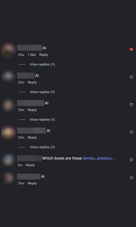 Comments on Instagram: six viewers commented the keyword "Ai" to request the offer, and one asked which boots were in the video.