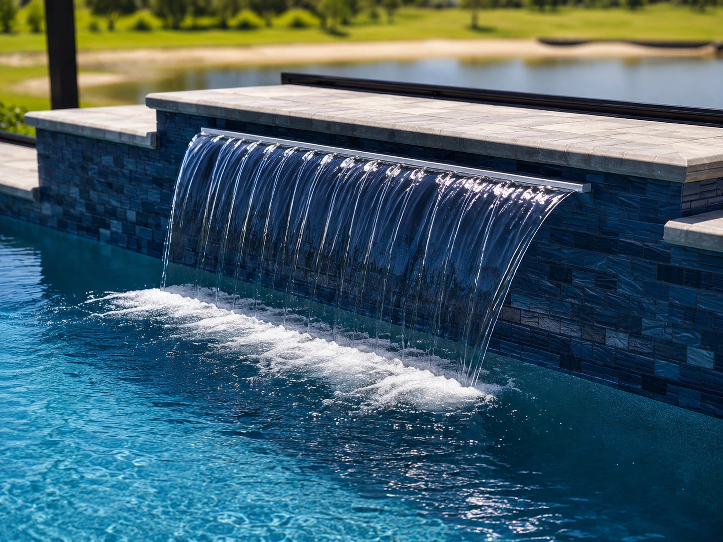 Custom waterfall and faux edge water feature built directly into a concrete pool shell by Design Concepts