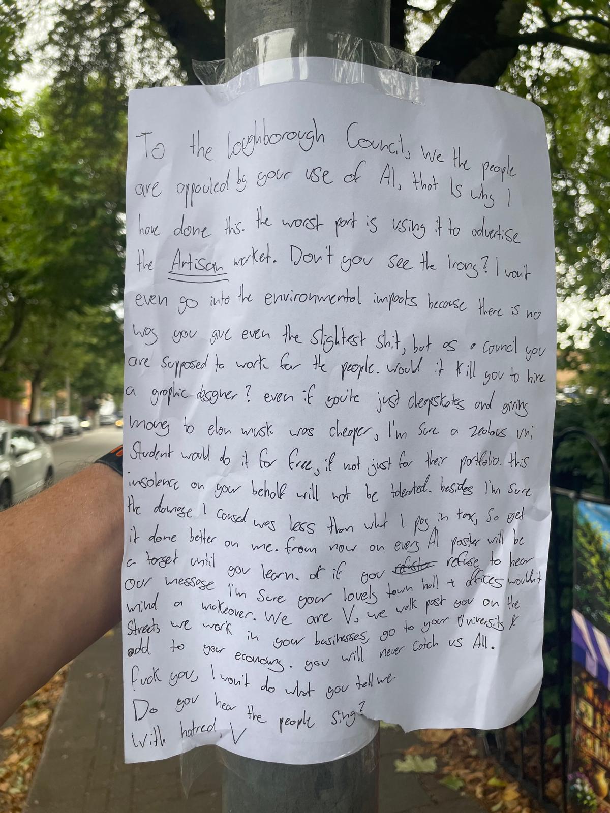 Loughborough University Student "V" leaves public letter of protest with threats on Loughborough Borough Council Lampost