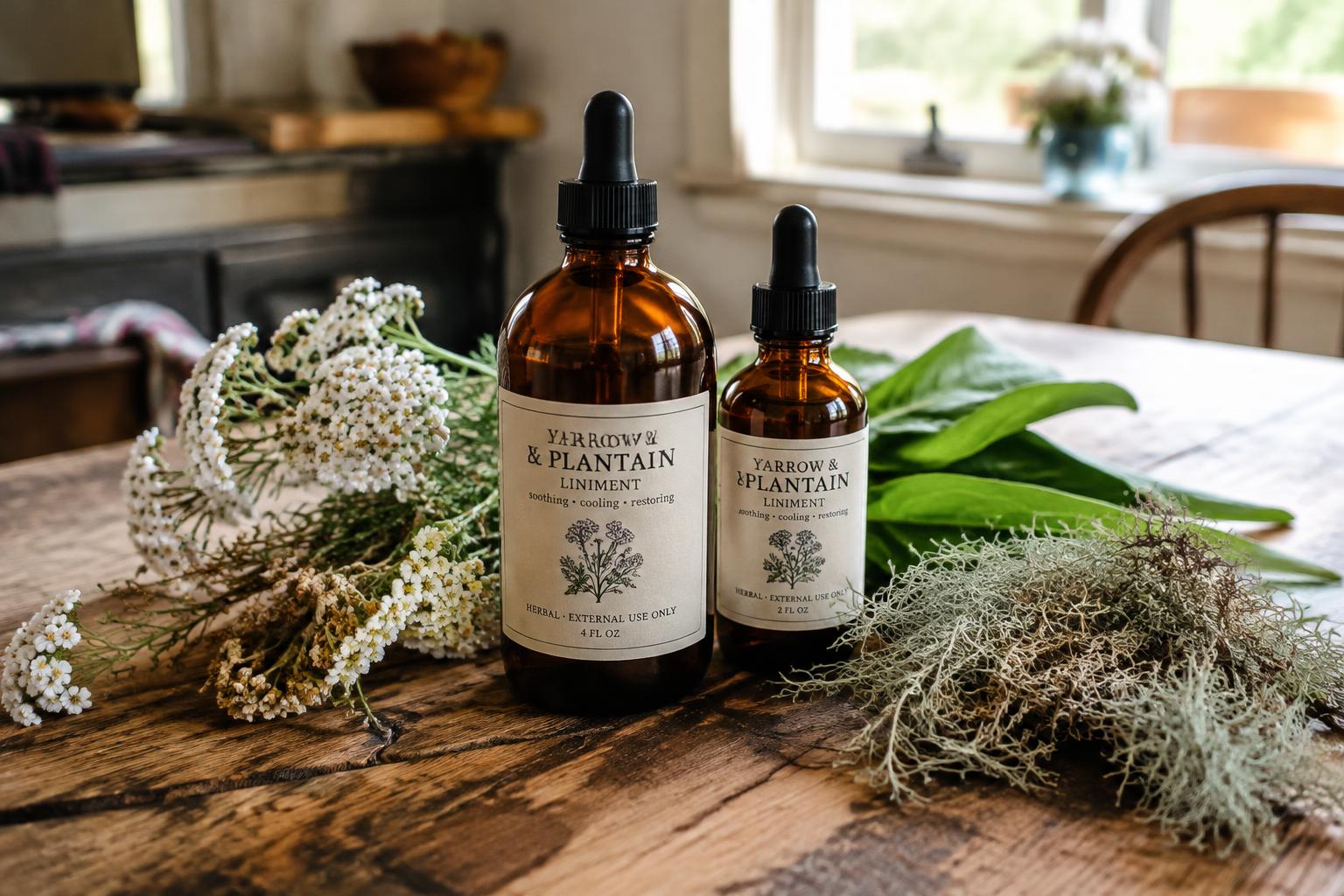 Herbal liniment bottles with yarrow, plantain, and usnea
