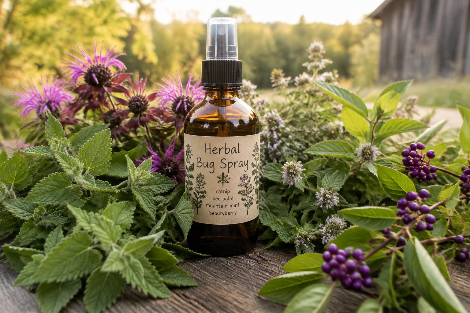 Herbal bug spray with bee balm, catnip, and beautyberry