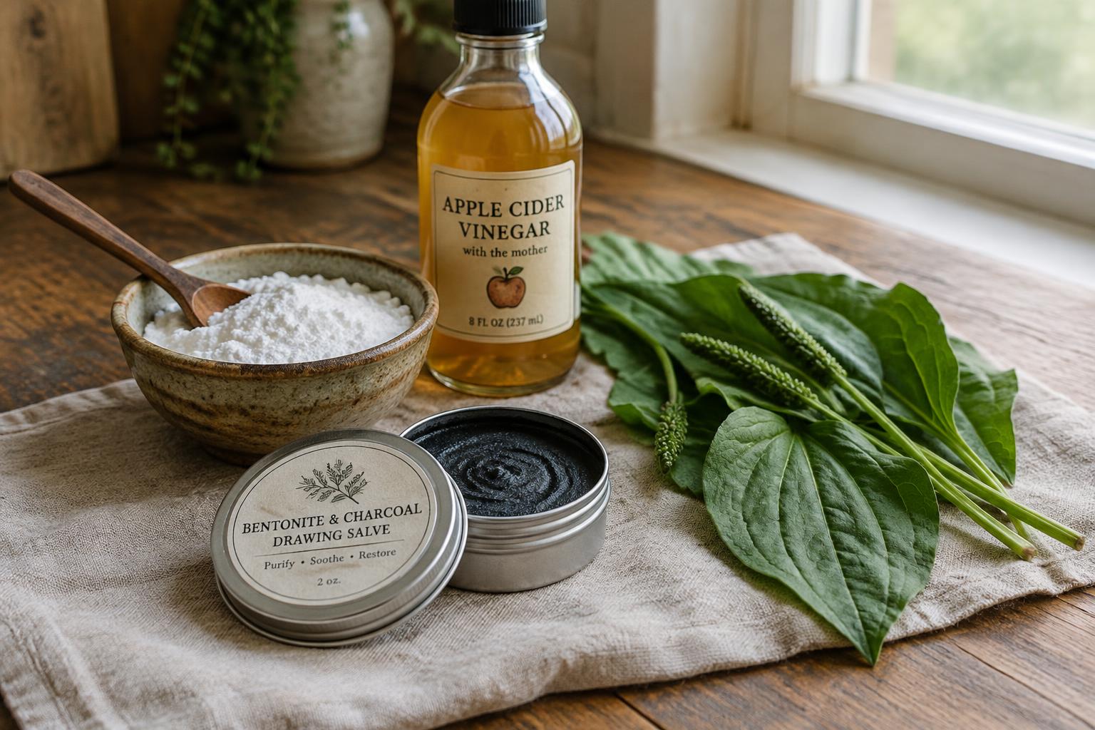 Drawing salve, baking soda, vinegar, and plantain leaves