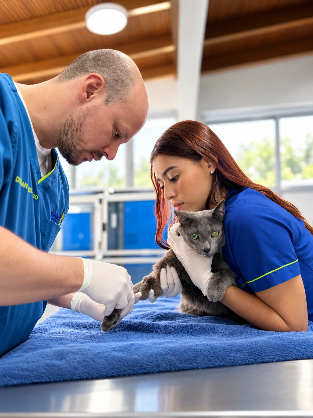 Profesionales realizando una valoración clínica a un gato en CIMEVET