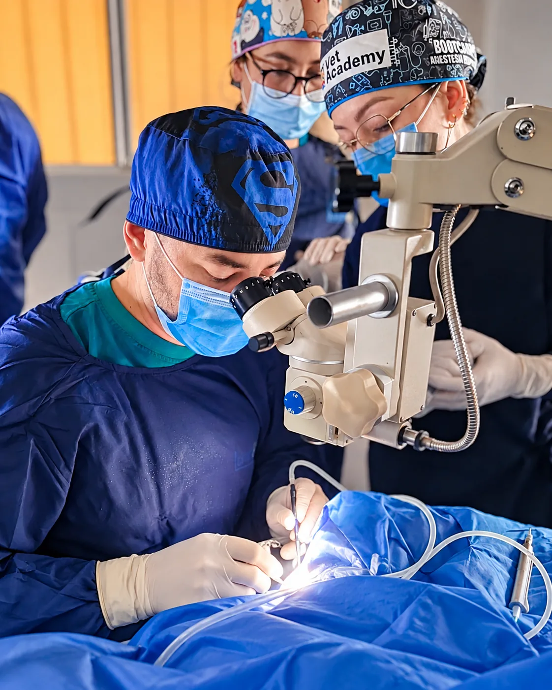 Profesional realizando un procedimiento con microscopio y equipo especializado en CIMEVET