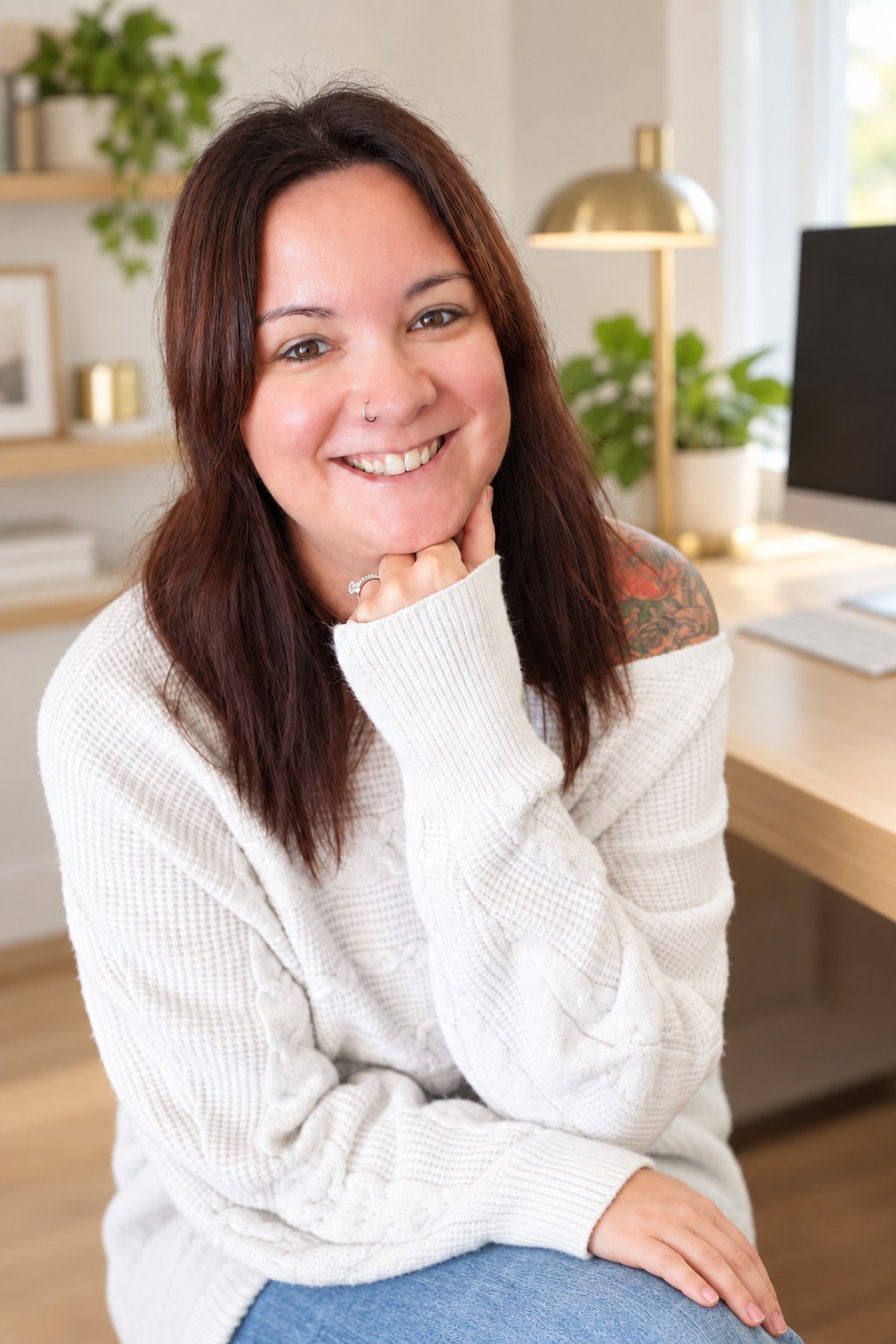 Tori smiling at her desk in her home office