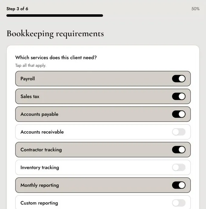 Pricing tool screen where you choose the services the client needs