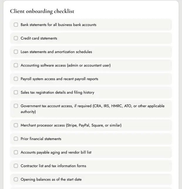 Onboarding checklist generated by the pricing tool