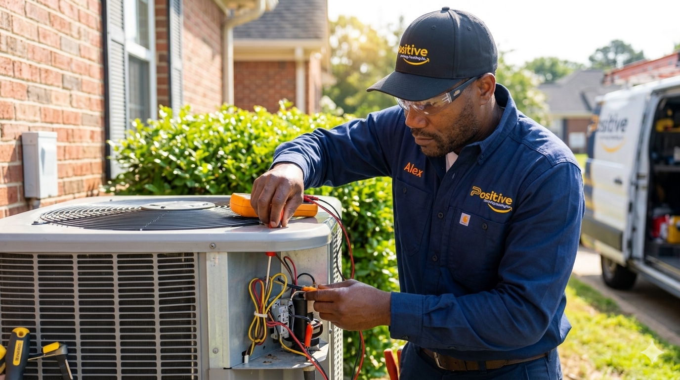 Alex from Positive Plumbing, Heating & AC Repair servicing an outdoor HVAC unit