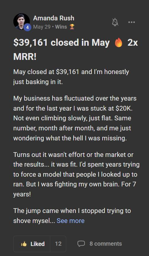 Amanda Rush: $39,161 closed in May, 2x MRR