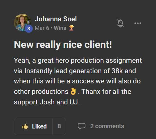 Johanna Snel: new client from cold email, 38K production assignment