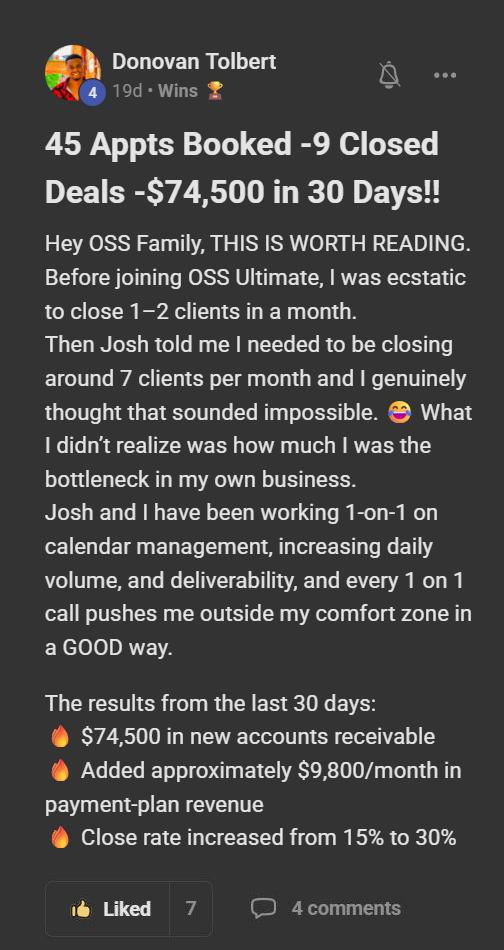 Donovan Tolbert: 45 appointments booked, 9 closed deals, $74,500 in 30 days