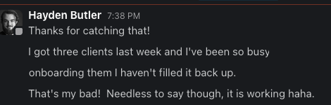 Hayden Butler: got three clients last week