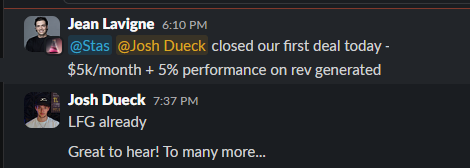 Jean Lavigne: closed first deal, $5K/month plus 5% performance