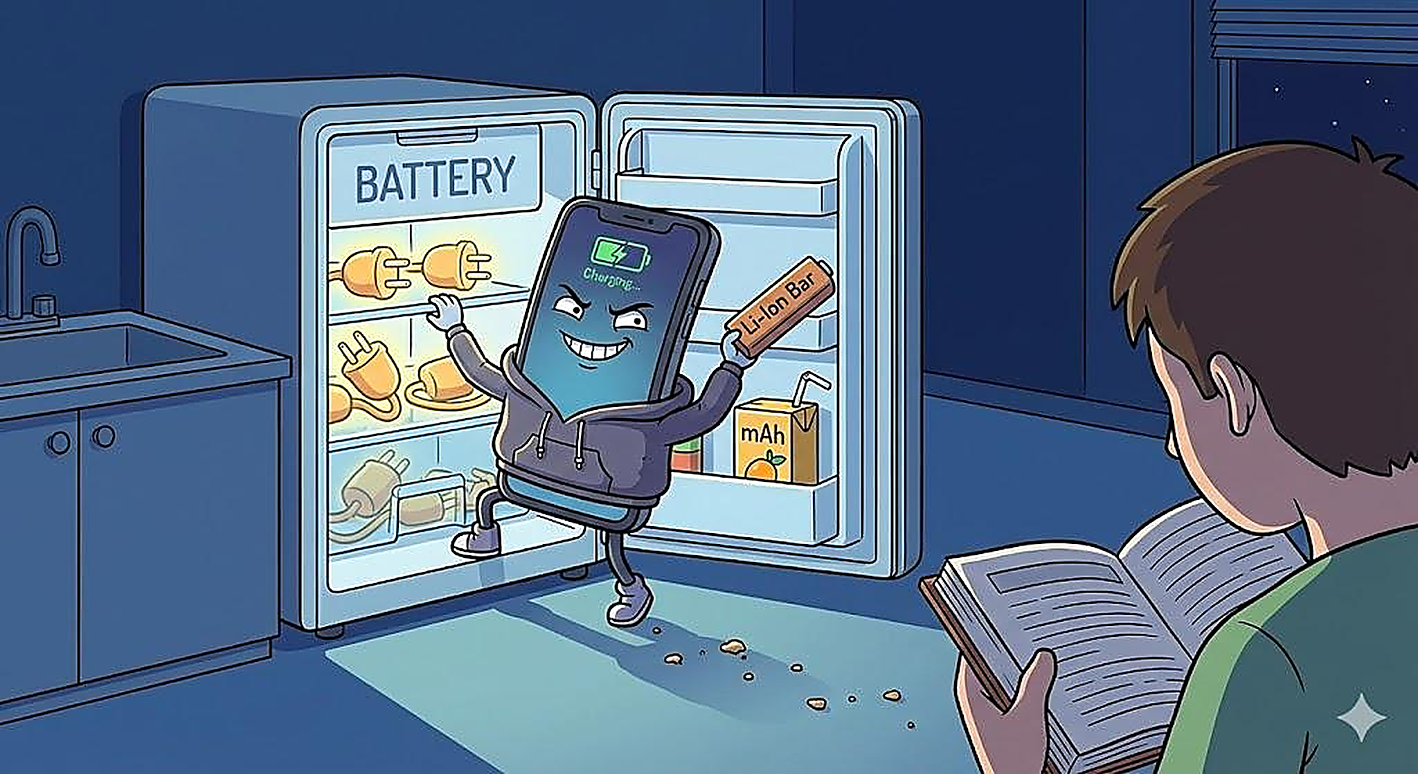 Smartphone charging battery illustrated as recharging energy in fridge concept